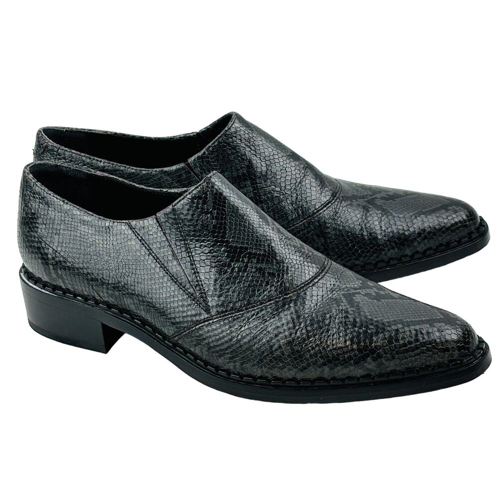 Womens 7.5 Vince Delmar Loafer Dark Gray Snake Print Leather Pointed Toe Slip On
